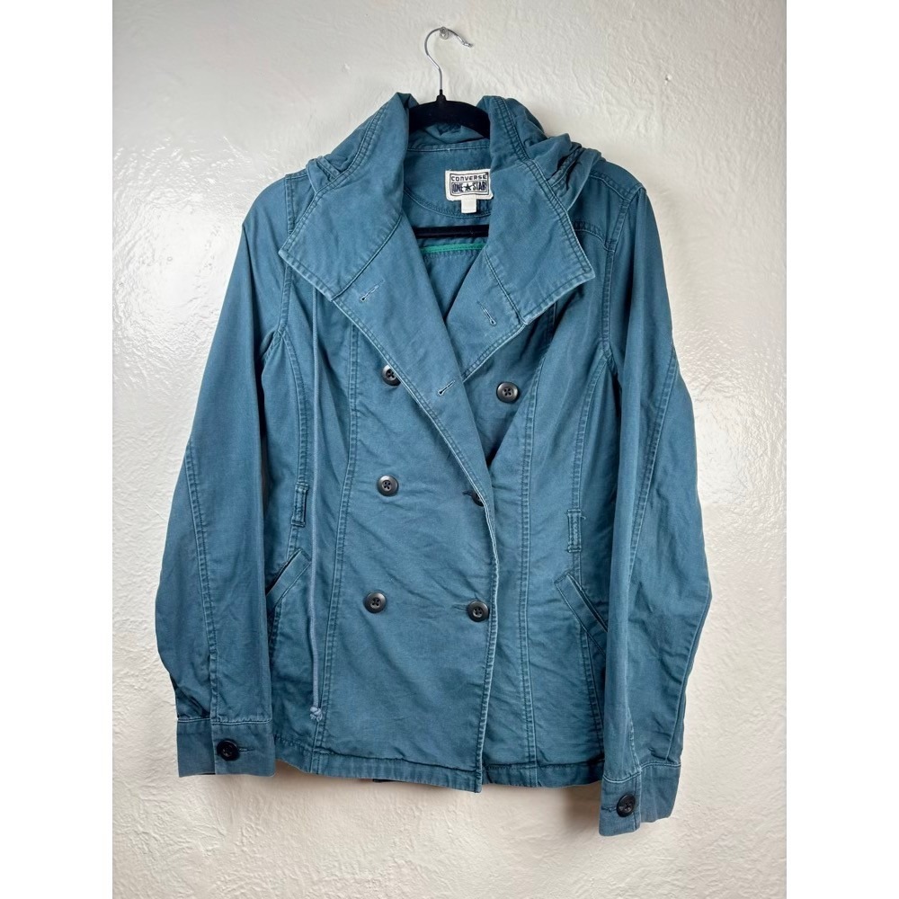 Converse One Star‎ Peacoat Womens Medium Teal Blue Hooded Canvas Double Breasted